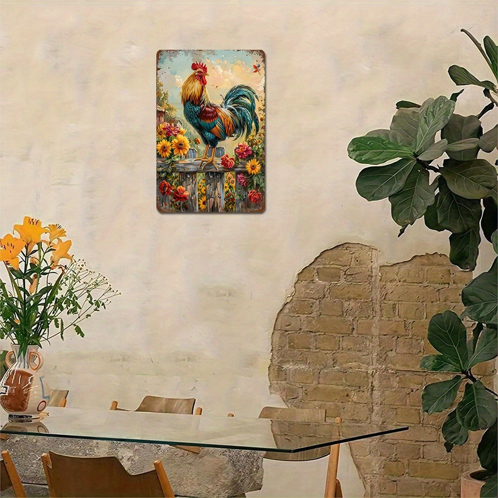Rooster Metal Sign - Floral Farmhouse Tin Wall Art Country Decor Plaque