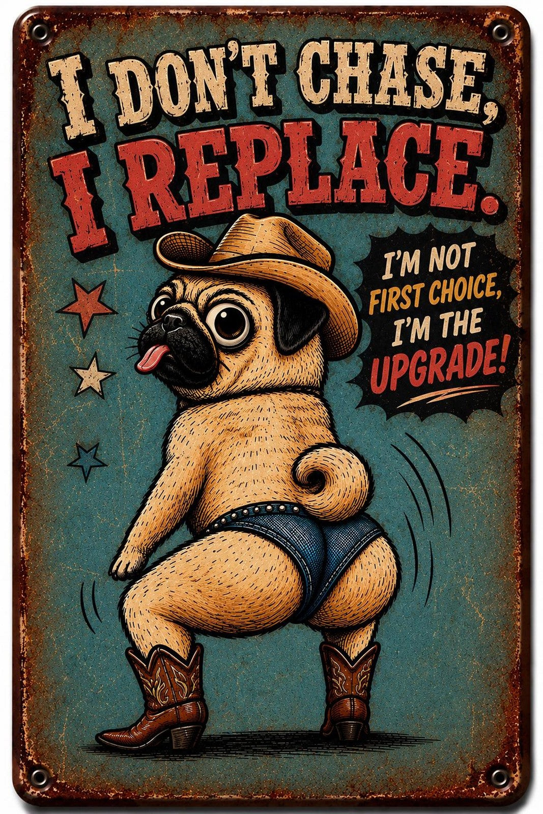 Funny Pug Metal Sign, I Don't Chase I Replace, Western Dog Decor