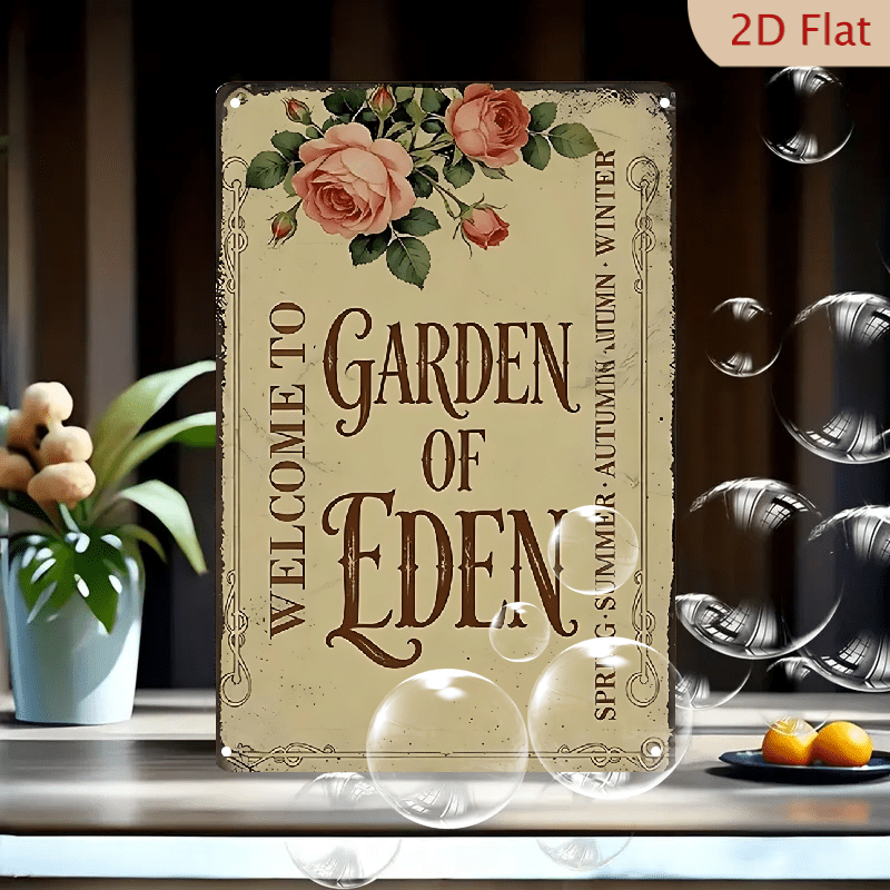 Welcome to Garden of Eden Metal Sign Vintage Rose Flower Retro Wall Decor