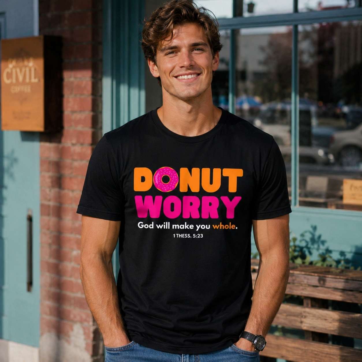 Donut Worry God Will Make You Whole Christian Funny Donut Men’s T-Shirt Gift Tee