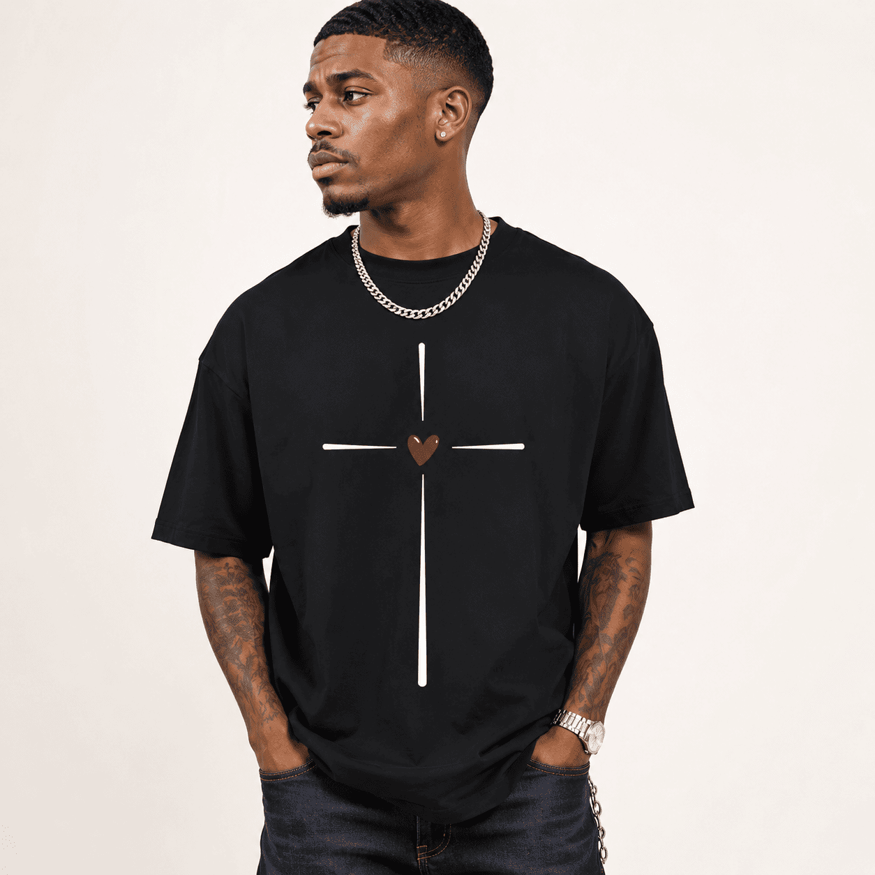 Men's Cross Heart Graphic T-Shirt Christian Faith Casual Short Sleeve Tee