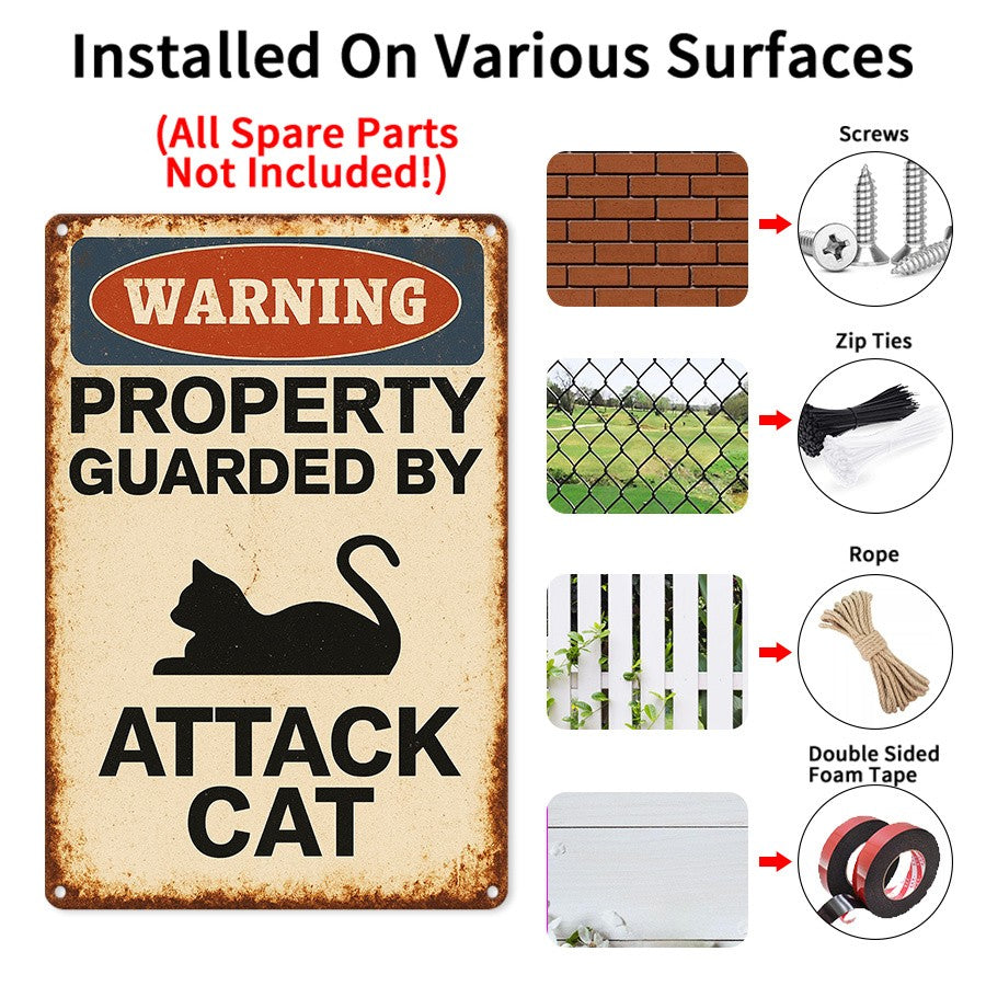 Funny Attack Cat Metal Sign Vintage Security Warning Notice Fence Gate Wall Art