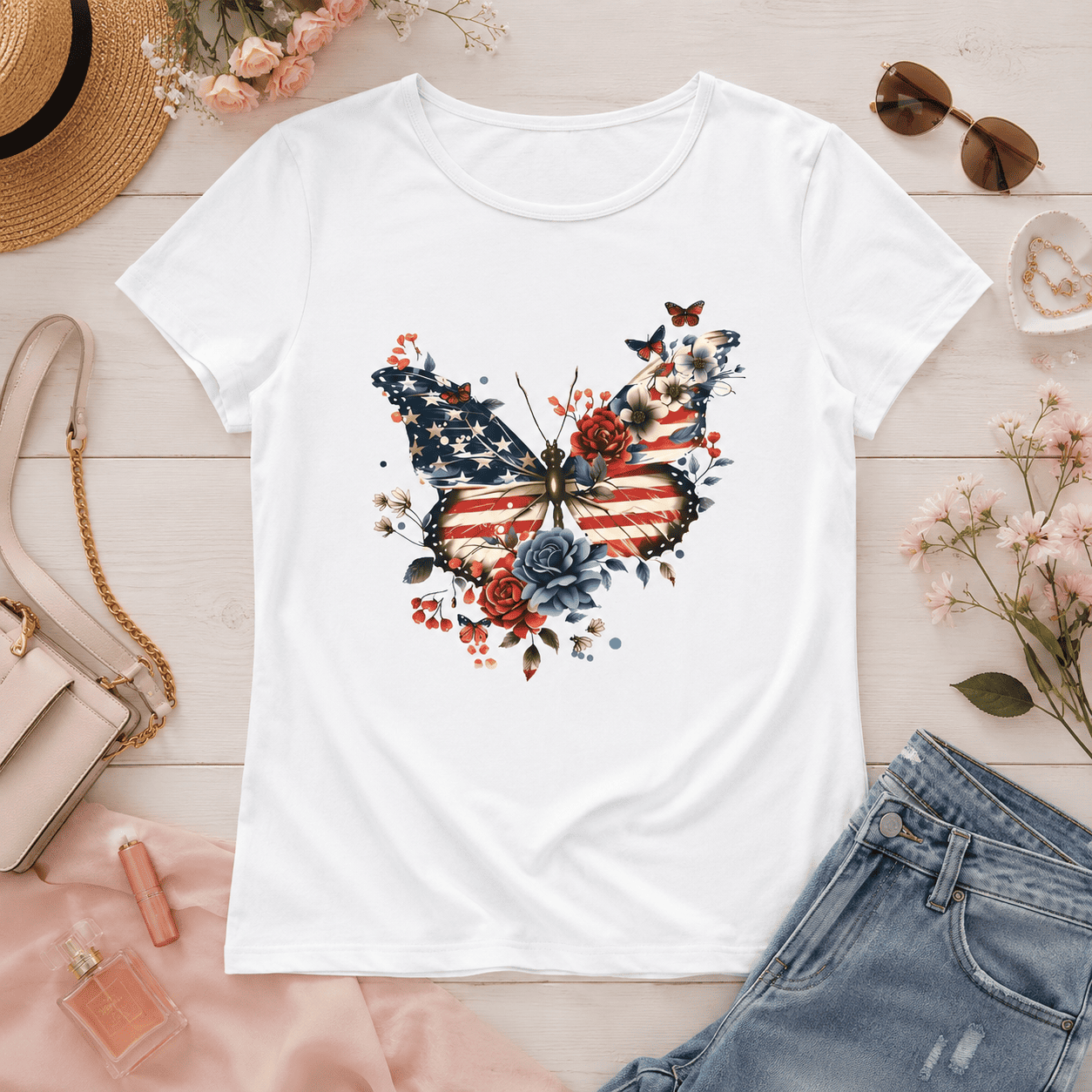 Patriotic Butterfly Floral Graphic Tee - USA Flag Wings Aesthetic T-Shirt