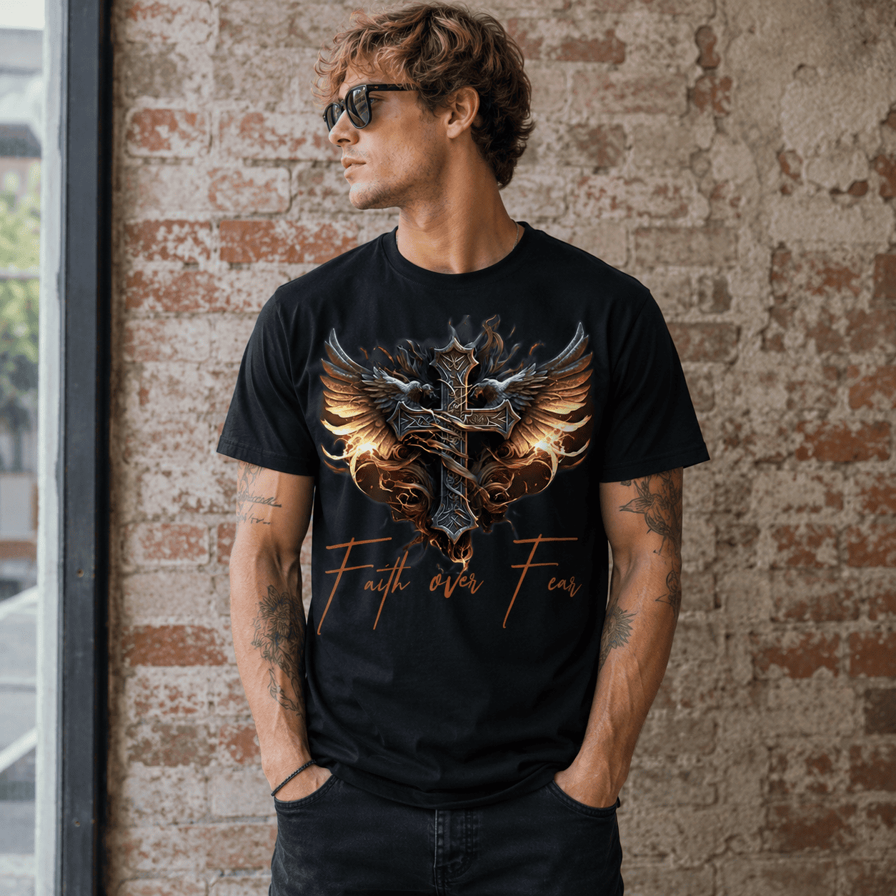 Faith Over Fear Cross T-Shirt | Gothic Winged Celtic Cross Graphic Tee