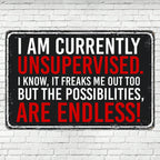 Funny Currently Unsupervised Metal Tin Sign Vintage Red and Black Sarcastic Art