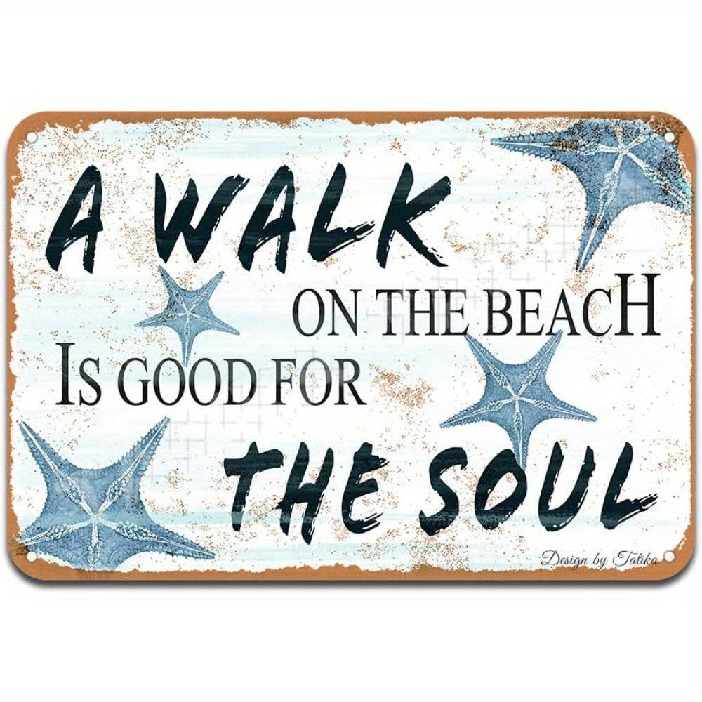Walk On The Beach Tin Sign Vintage Metal Starfish Wall Decor Coastal Ocean Gift