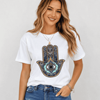 Women Boho Hamsa Hand Evil Eye Graphic T-Shirt Casual Short Sleeve Tee Top