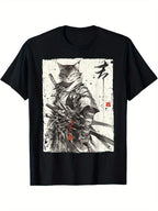Samurai Cat Ukiyo-E Graphic T-Shirt Japanese Warrior Ink Art Streetwear Tee
