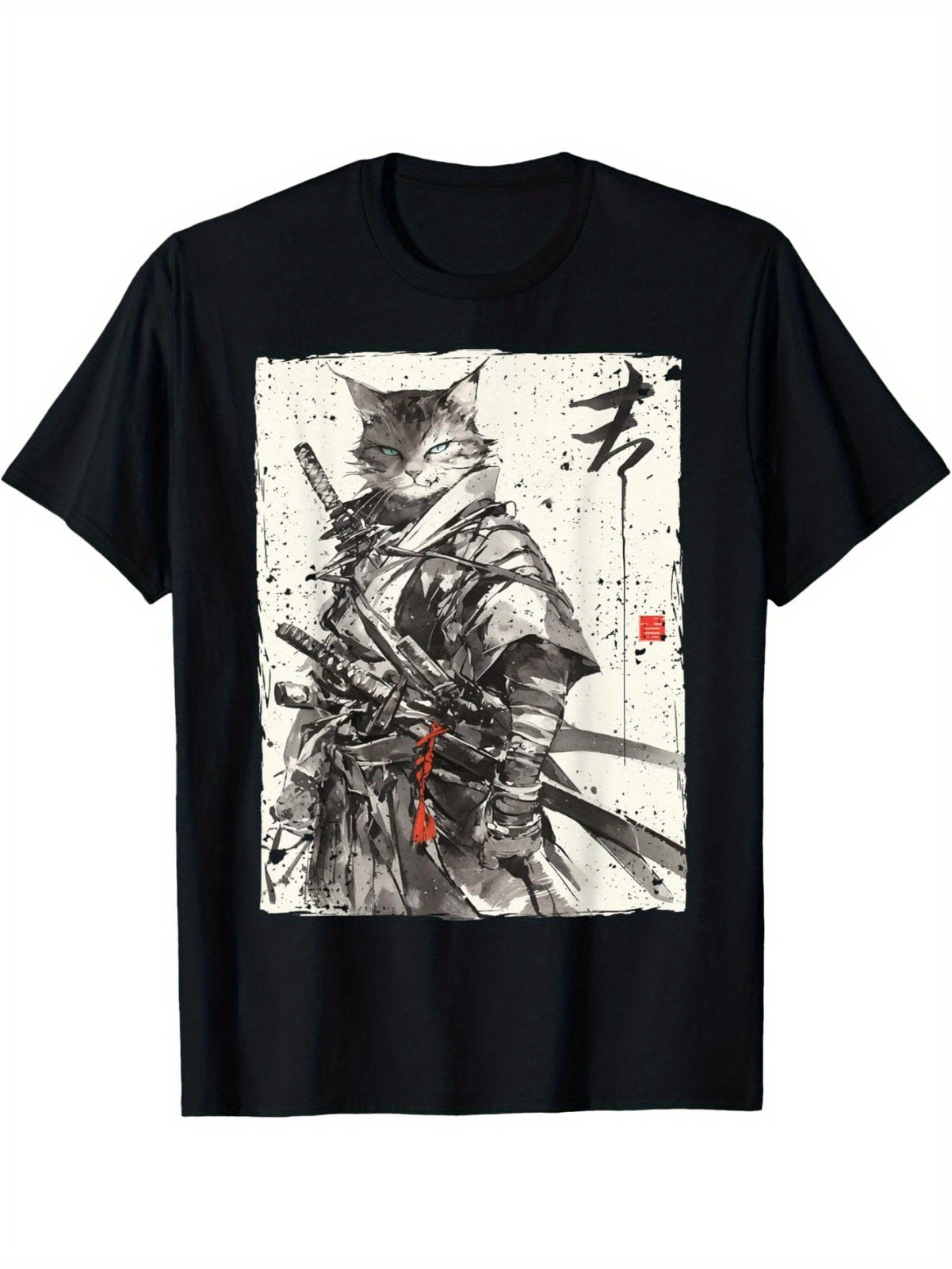 Samurai Cat Ukiyo-E Graphic T-Shirt Japanese Warrior Ink Art Streetwear Tee