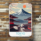 Classic Japan Travel Tin Sign - Mt Fuji and Temple Wall Art Metal Poster