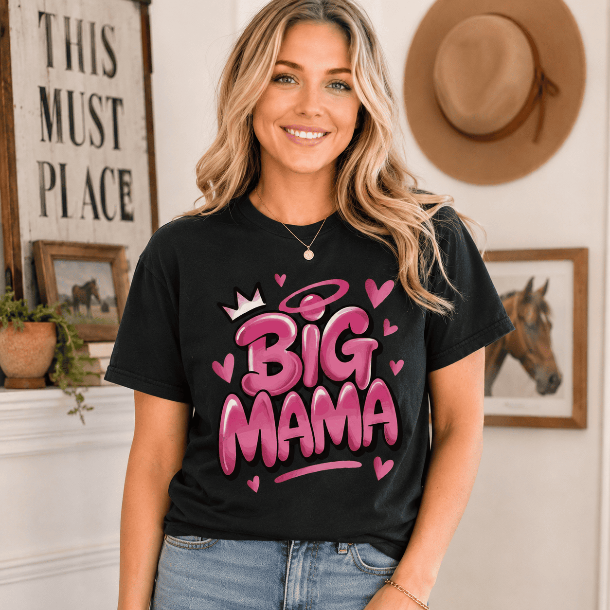 Women Big Mama Graphic T-Shirt Funny Mom Quote Casual Crew Neck Tee Top
