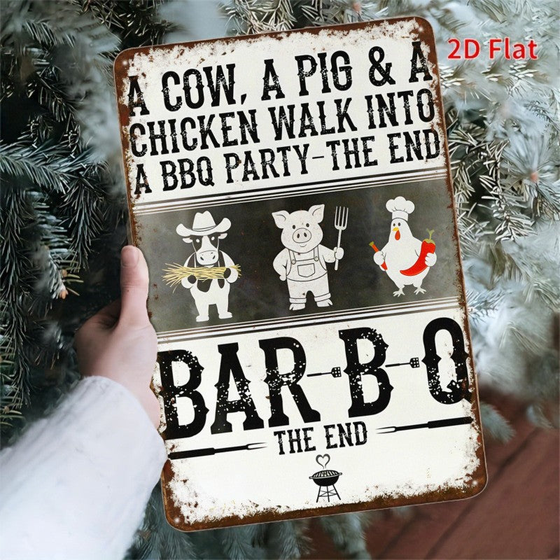 Funny BBQ Metal Sign - Retro "Cow, Pig & Chicken" Humorous Tin Decor