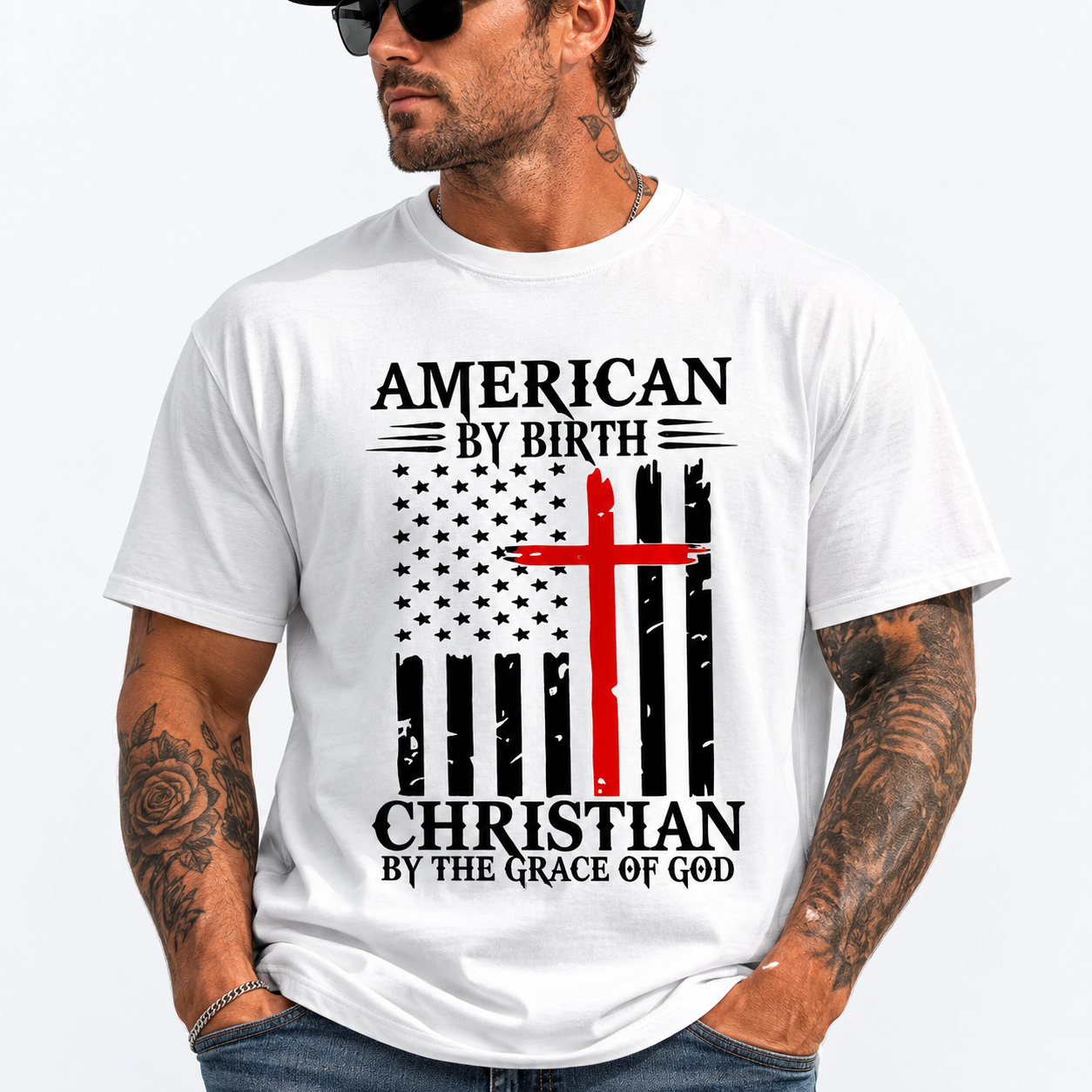 American Christian Faith T-Shirt - Patriotic Flag Cross Graphic - Religious Tee