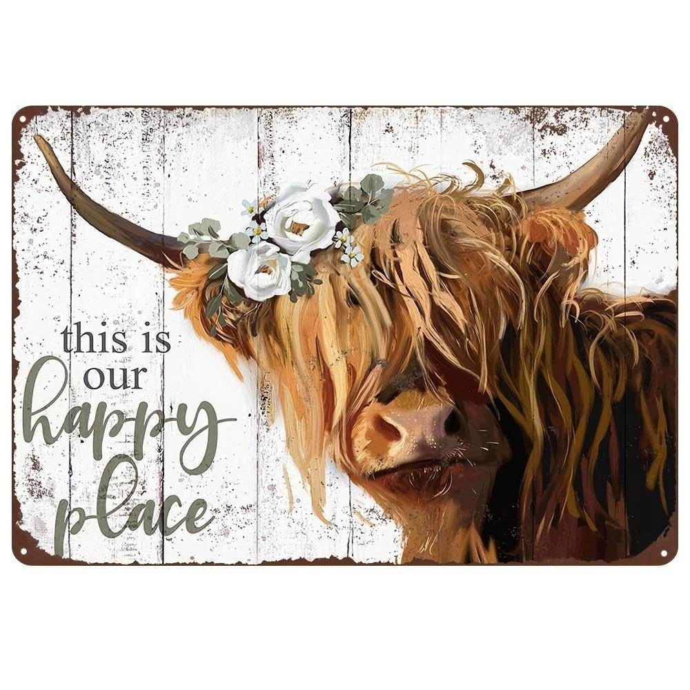 This Is Our Happy Place Tin Sign Highland Cow Metal Sign Farmhouse Wall Decor