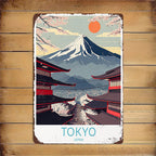 Classic Japan Travel Tin Sign - Mt Fuji and Temple Wall Art Metal Poster
