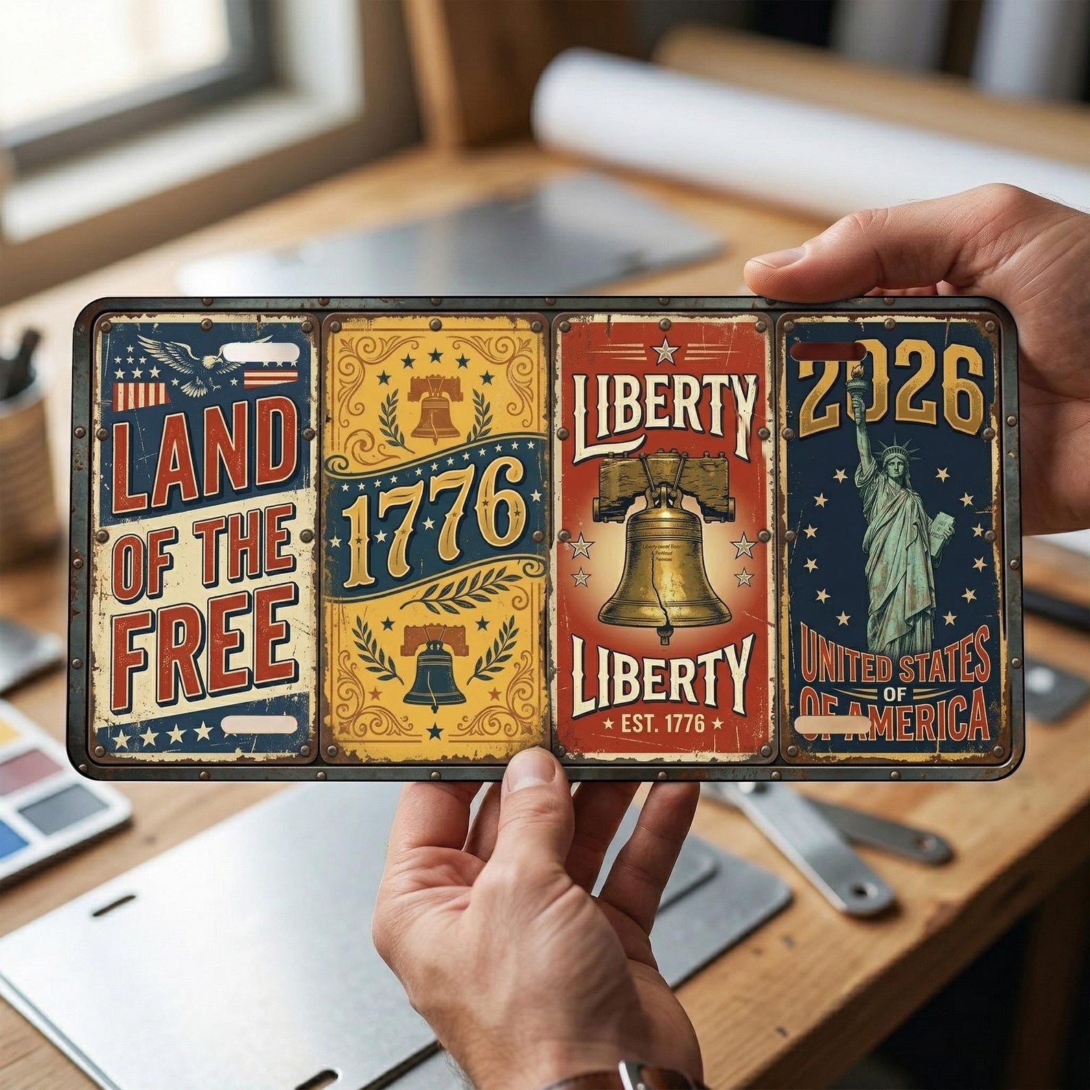 Vintage Patriotic License Plate Sign 1776-2026 USA 250th Anniversary Decor