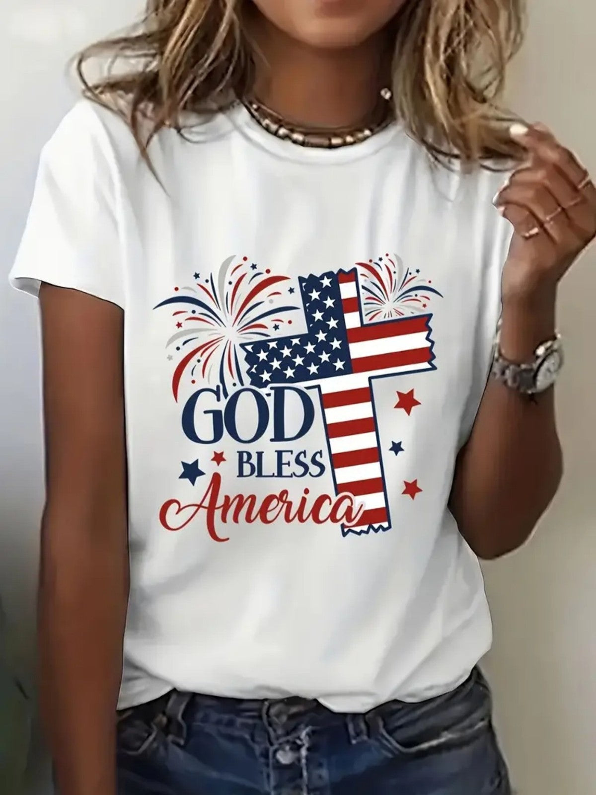 God Bless America Patriotic Cross Graphic Tee - Patriotic Fireworks T-Shirt