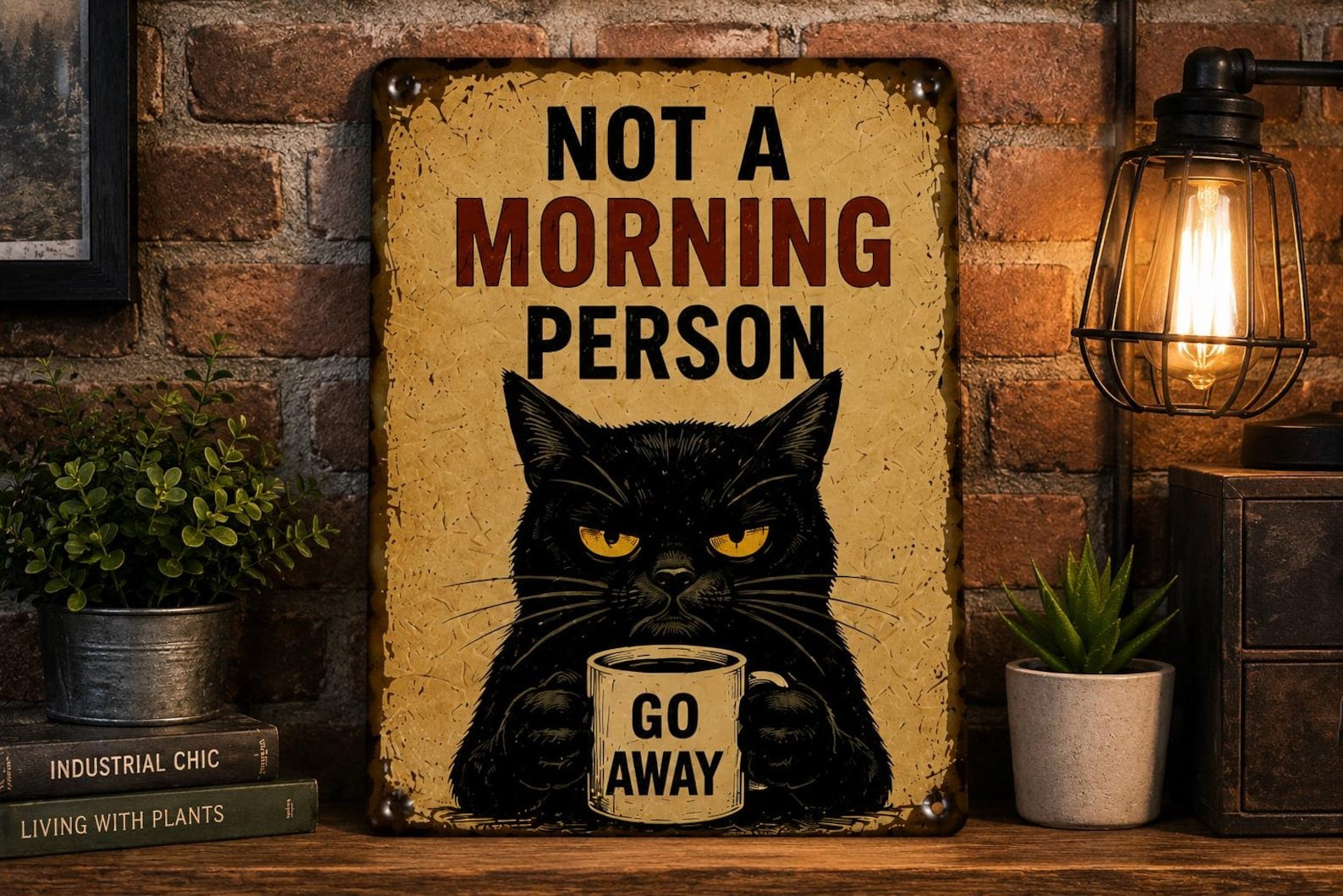 Vintage Metal Sign, Black Cat "Go Away" Quote, Retro Office Decor