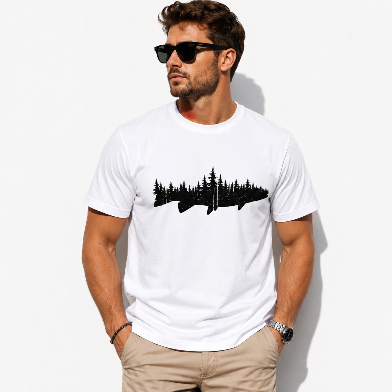 Forest Fish Silhouette Graphic Tee - Outdoor Nature Enthusiast T-Shirt