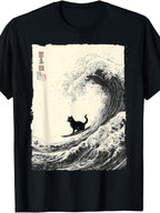 Funny Surfing Cat Great Wave Japanese Ukiyoe Art Graphic T Shirt Retro Tee
