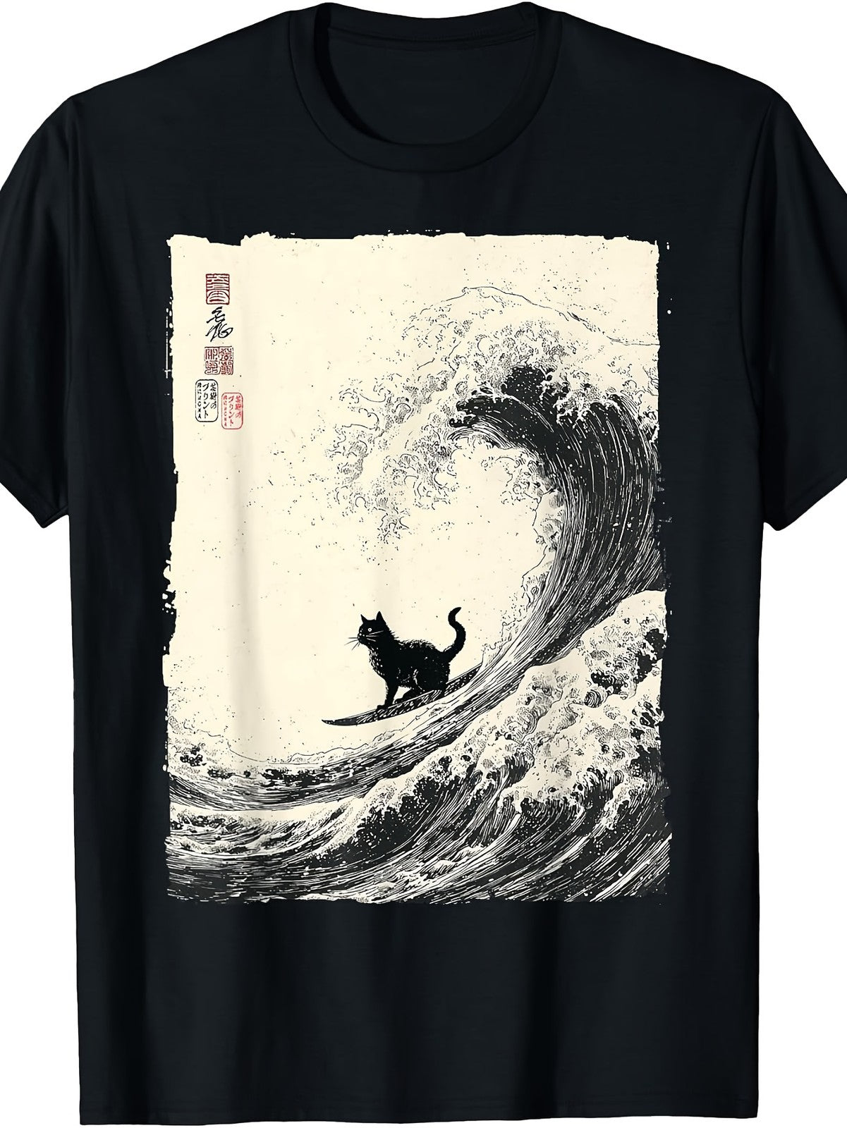Funny Surfing Cat Great Wave Japanese Ukiyoe Art Graphic T Shirt Retro Tee