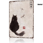 Japanese Calligraphy Cat Tin Sign - Minimalist Ink Wash Painting Metal Poster