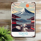 Classic Japan Travel Tin Sign - Mt Fuji and Temple Wall Art Metal Poster