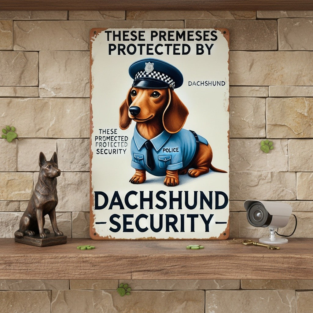 Funny Dachshund Security Metal Tin Sign - Retro Wiener Dog Guard Office Plaque