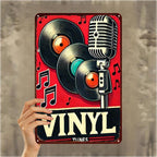 Rustic Vinyl Records Tin Sign - Microphone Metal Poster Wall Art Decor
