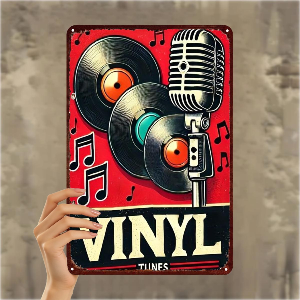 Rustic Vinyl Records Tin Sign - Microphone Metal Poster Wall Art Decor