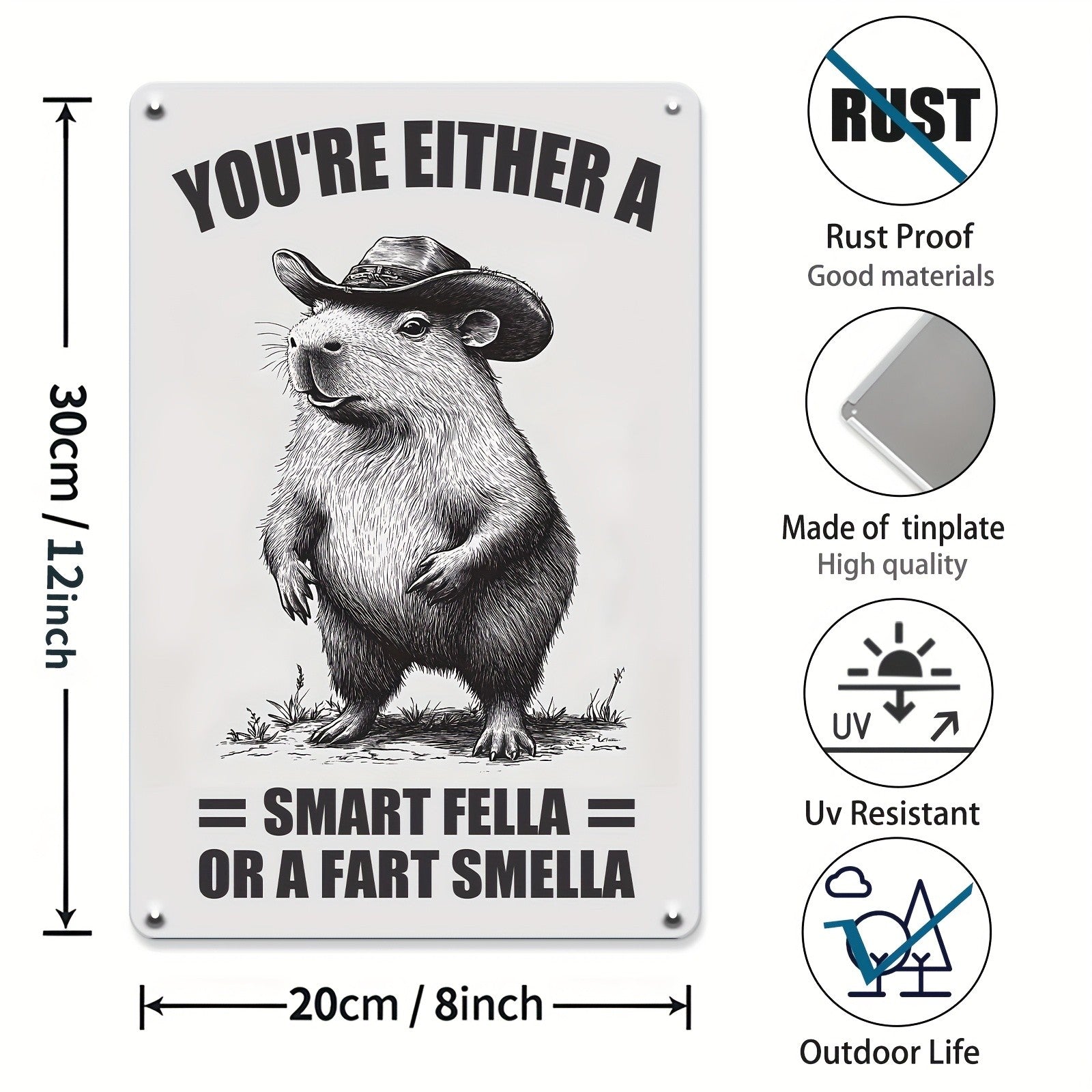 Funny Metal Tin Sign Wall Art Cowboy Capybara - 'Smart Fella Or A Fart Smella'