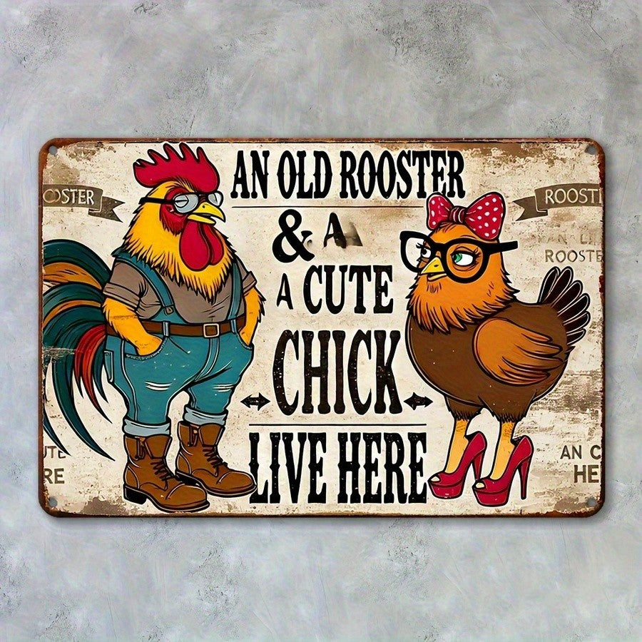 Old Rooster A Cute Chick Live Here Tin Sign Vintage Metal Farmhouse Wall Decor