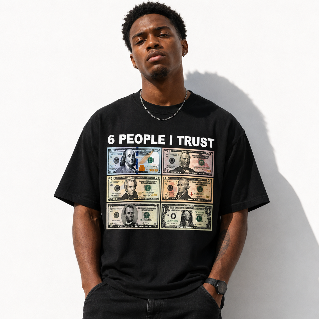 6 People I Trust Funny Money Graphic T-Shirt Dollar Bill Humor Meme Tee