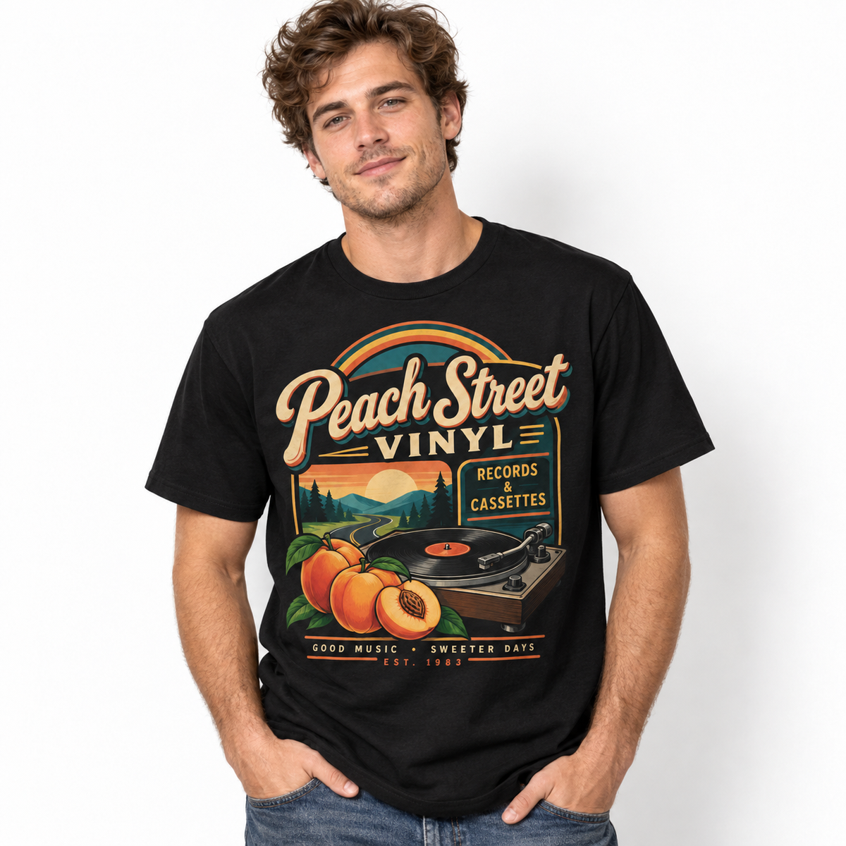 Peach Street Vinyl Retro Record Player Music Men's Graphic T-Shirt