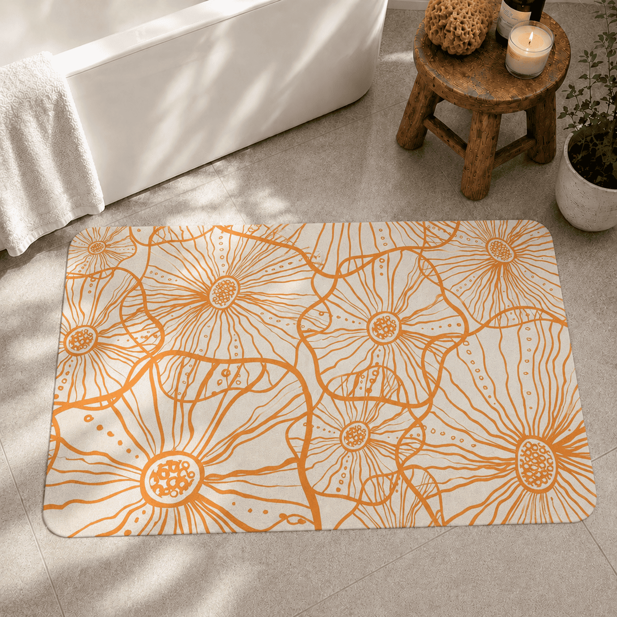 Orange Floral Summer Floor Mat Quick Dry Super Absorbent Non Slip Scandi Decor