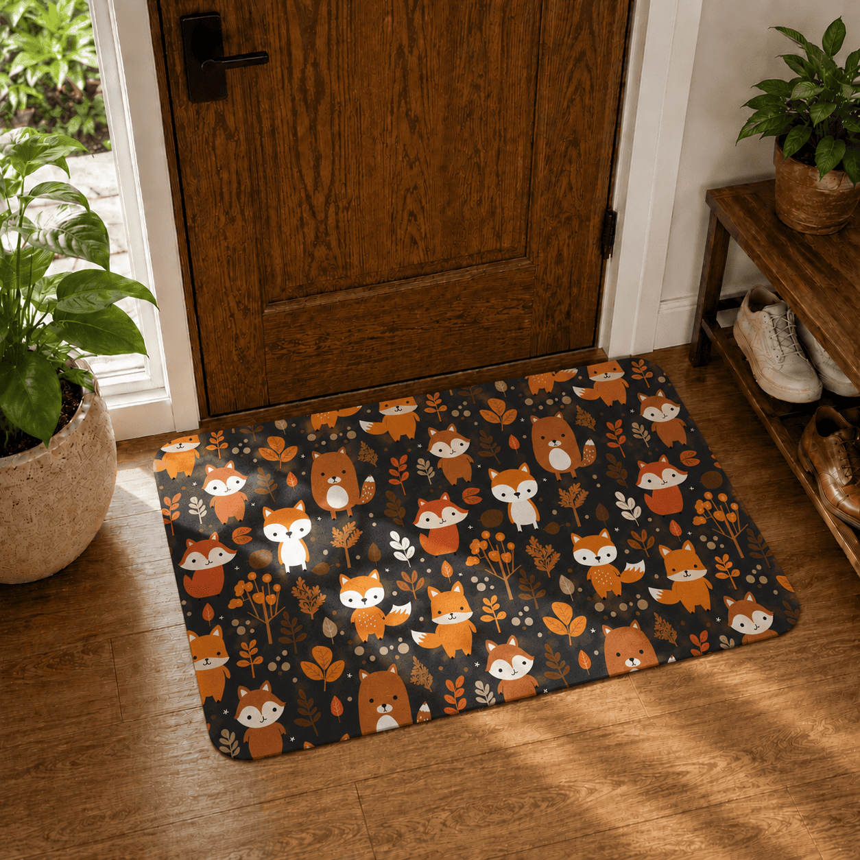 Cartoon Foxes Laundry Room Mat Quick Dry Super Absorbent Non Slip Kawaii Decor