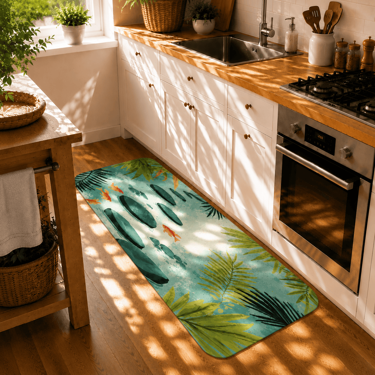Koi Pond Laundry Room Mat Quick Dry Super Absorbent Non Slip Japanese Garden