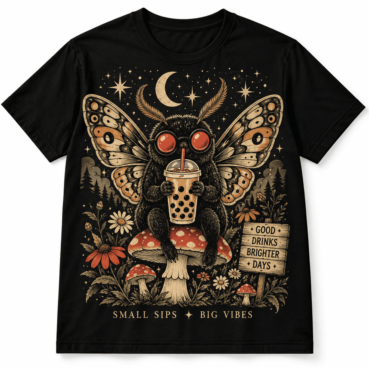 Cute Mothman Boba Tea Mushroom Forest Men's Graphic T-Shirt