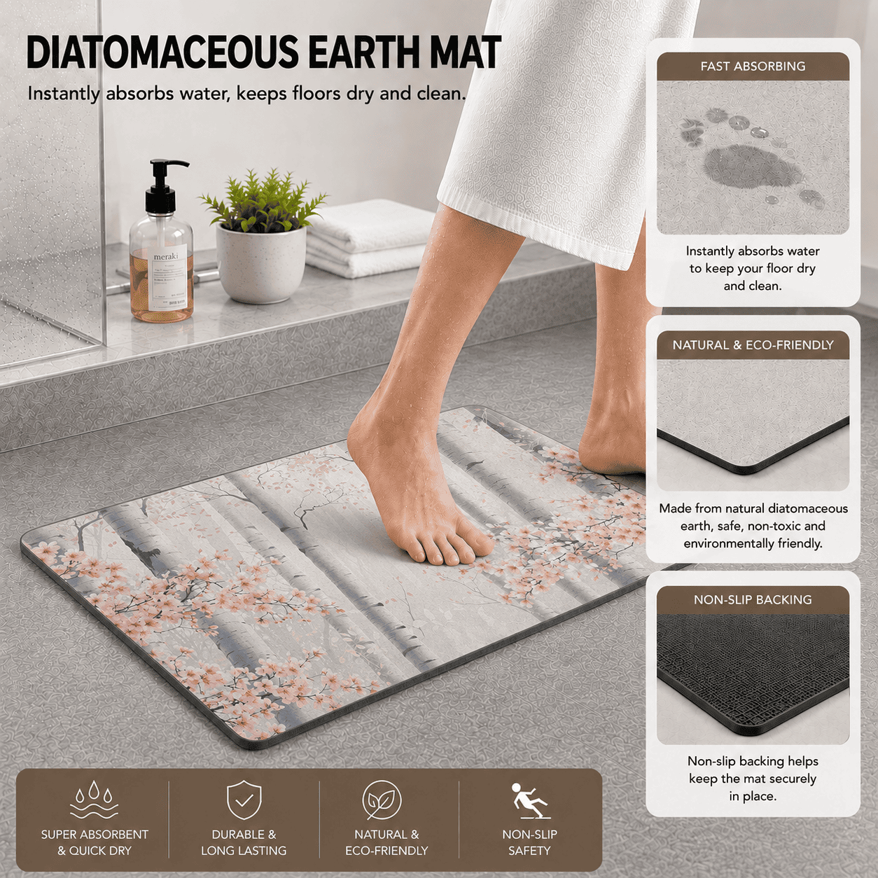 Cherry Blossom Floor Mat Quick Dry Super Absorbent Non Slip Sakura Decor