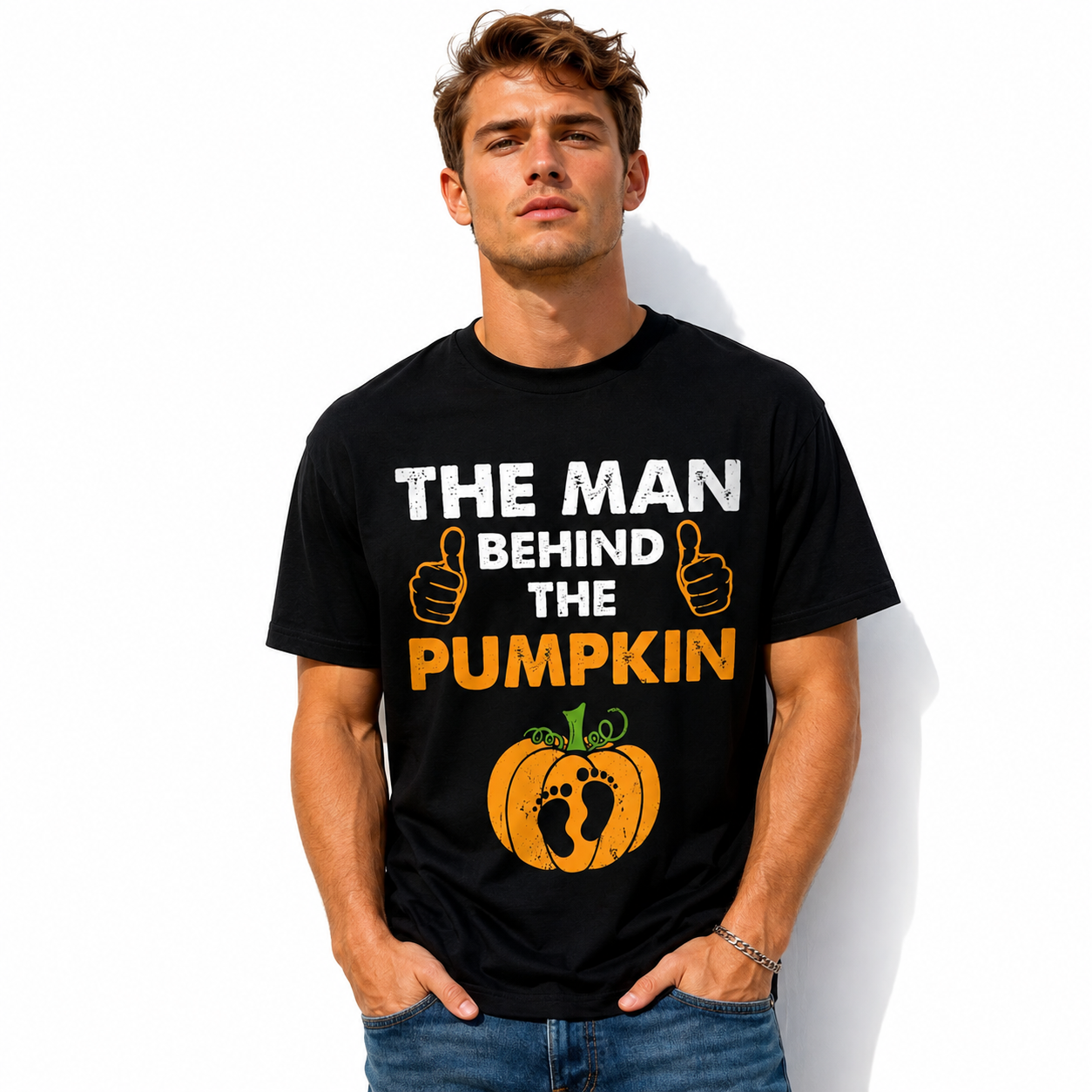 The Man Behind the Pumpkin Funny Dad Pregnancy Halloween Men's T-Shirt