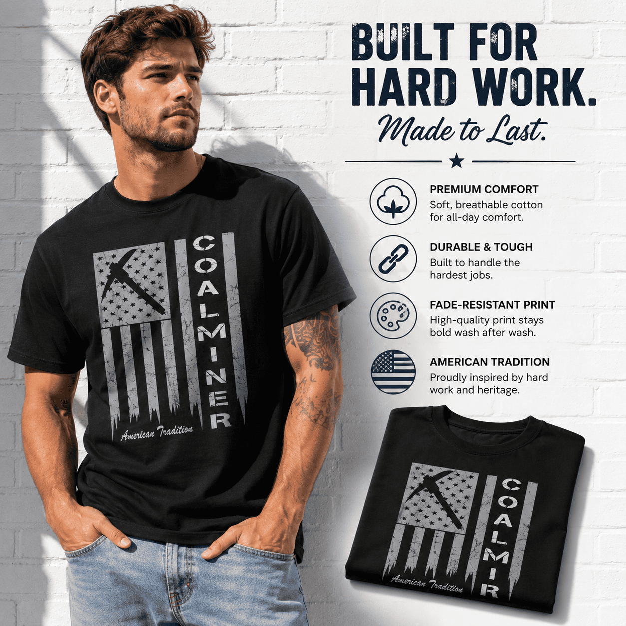 Coal Miner American Flag Graphic T-Shirt Patriotic Workwear Tee for Men
