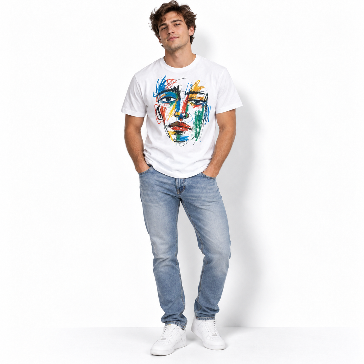 Abstract Face Colorful Line Art Modern Men's Graphic T-Shirt