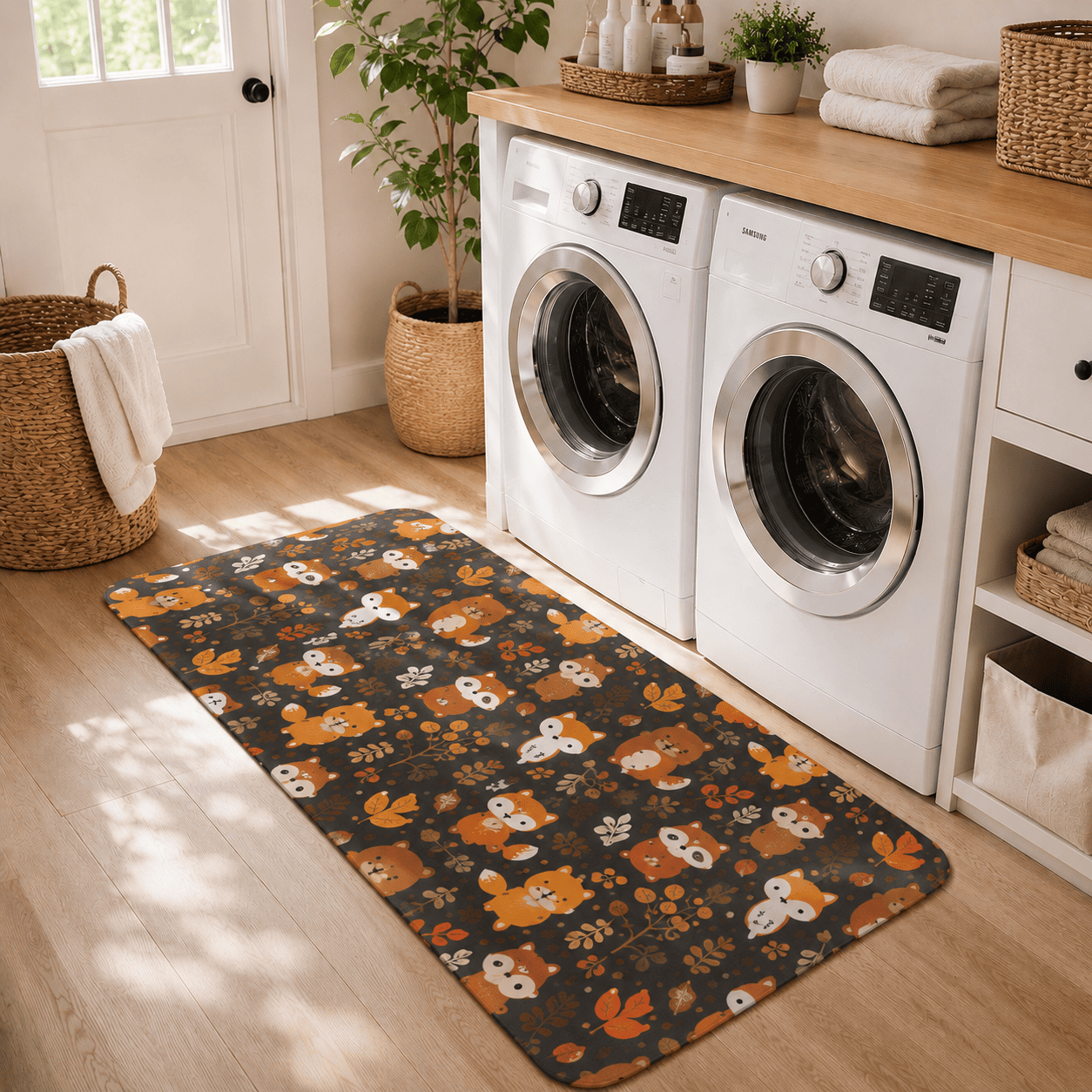 Cartoon Foxes Laundry Room Mat Quick Dry Super Absorbent Non Slip Kawaii Decor