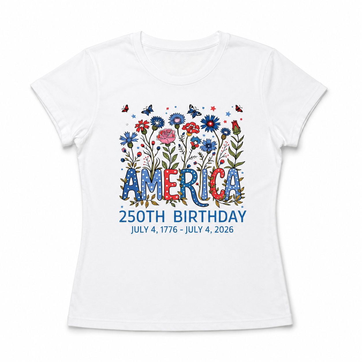 Women's USA 250th Birthday 1776–2026 Floral Butterfly Patriotic T-Shirt