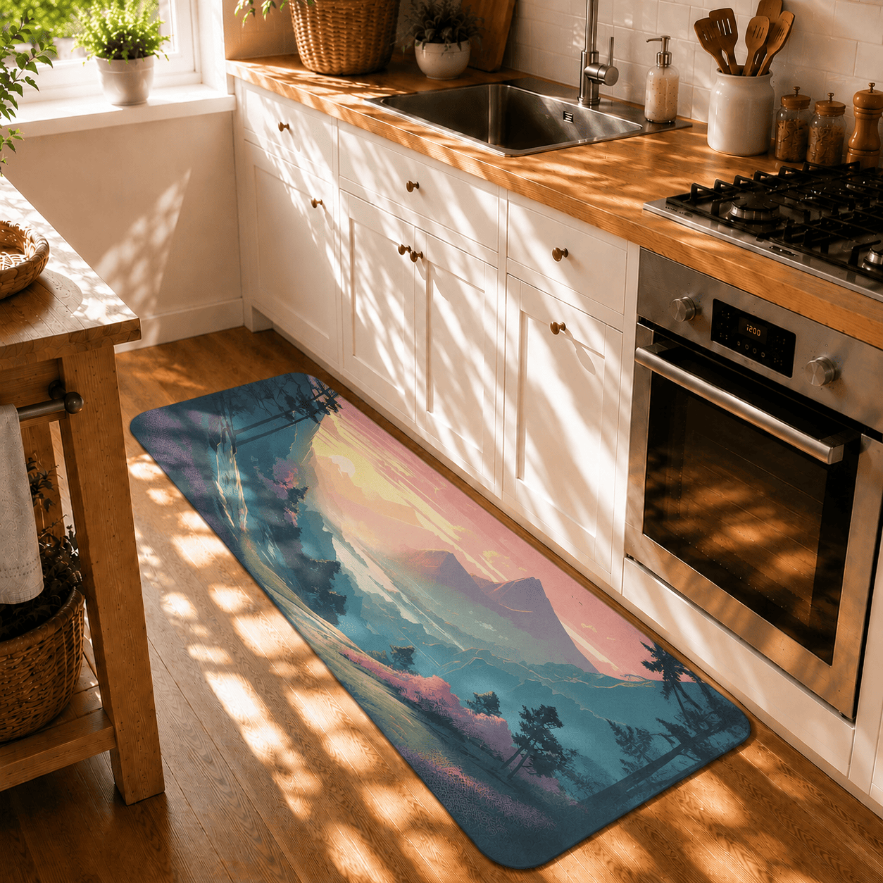 Mountain Floral Floor Mat Quick Dry Super Absorbent Non Slip Serene Valley Decor