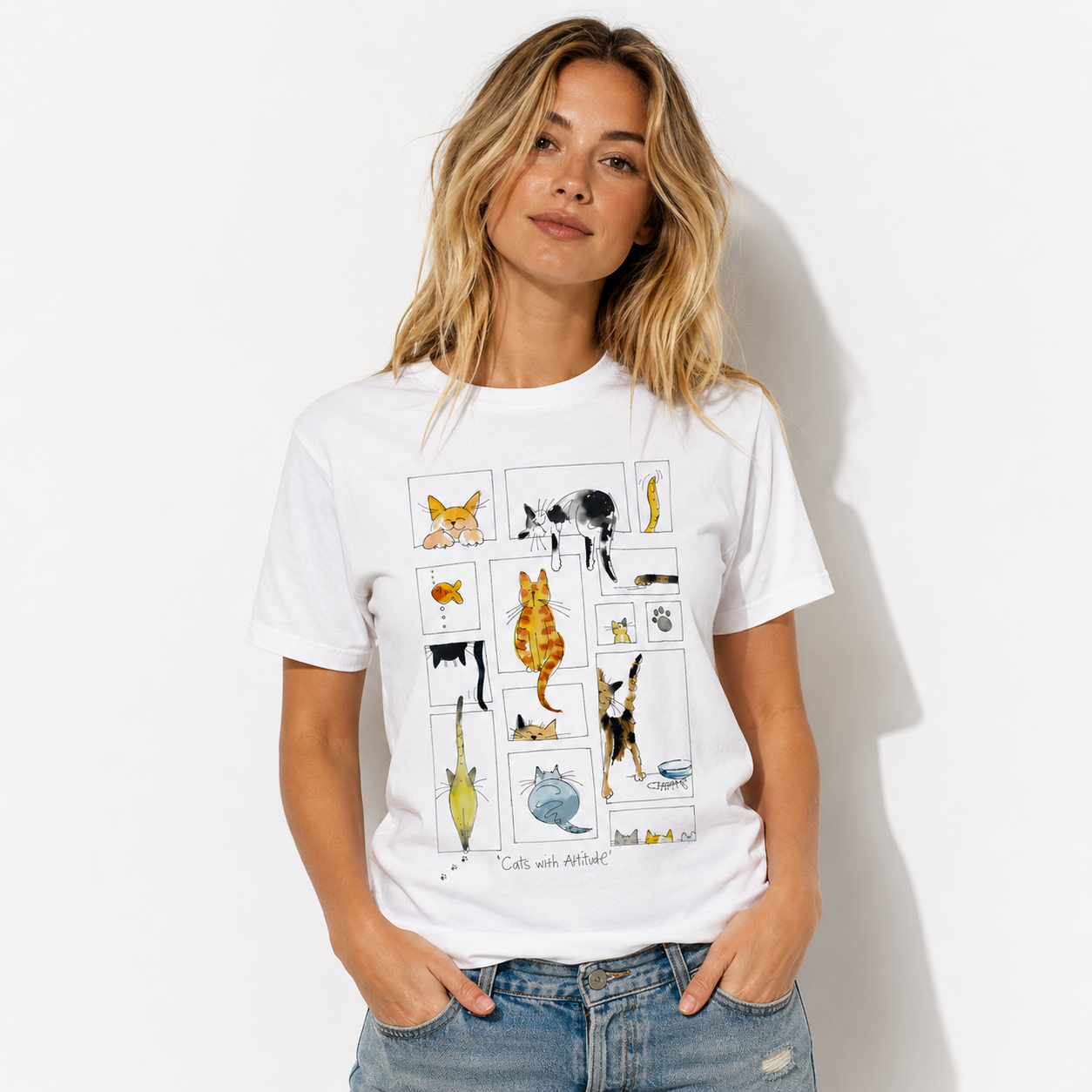 Watercolor Cat Windows T-Shirt | Playful Multi-Cat Boutique Graphic Tee