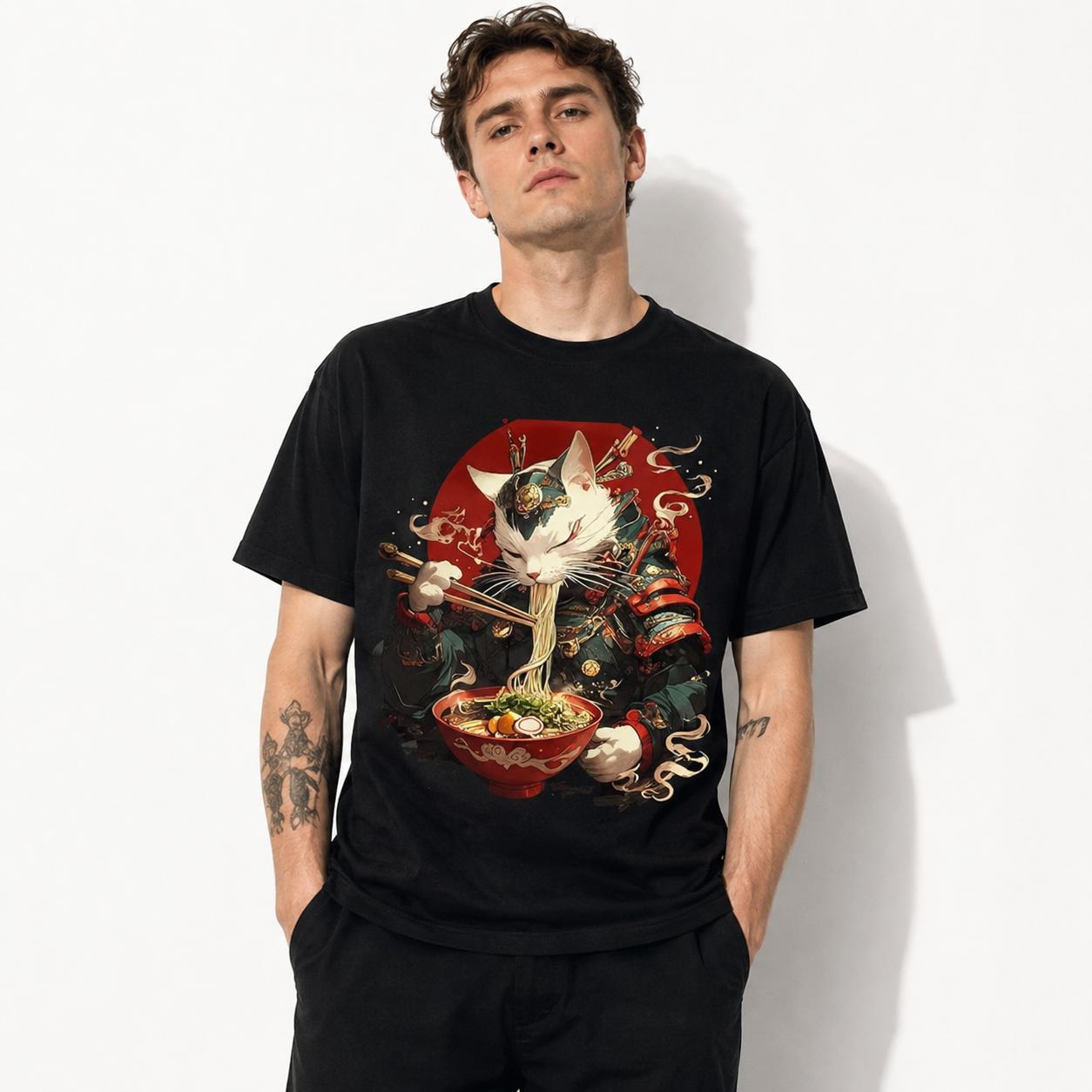 Japanese Ramen Cat Ninja Samurai Graphic T-Shirt Ukiyo-e Anime Tee