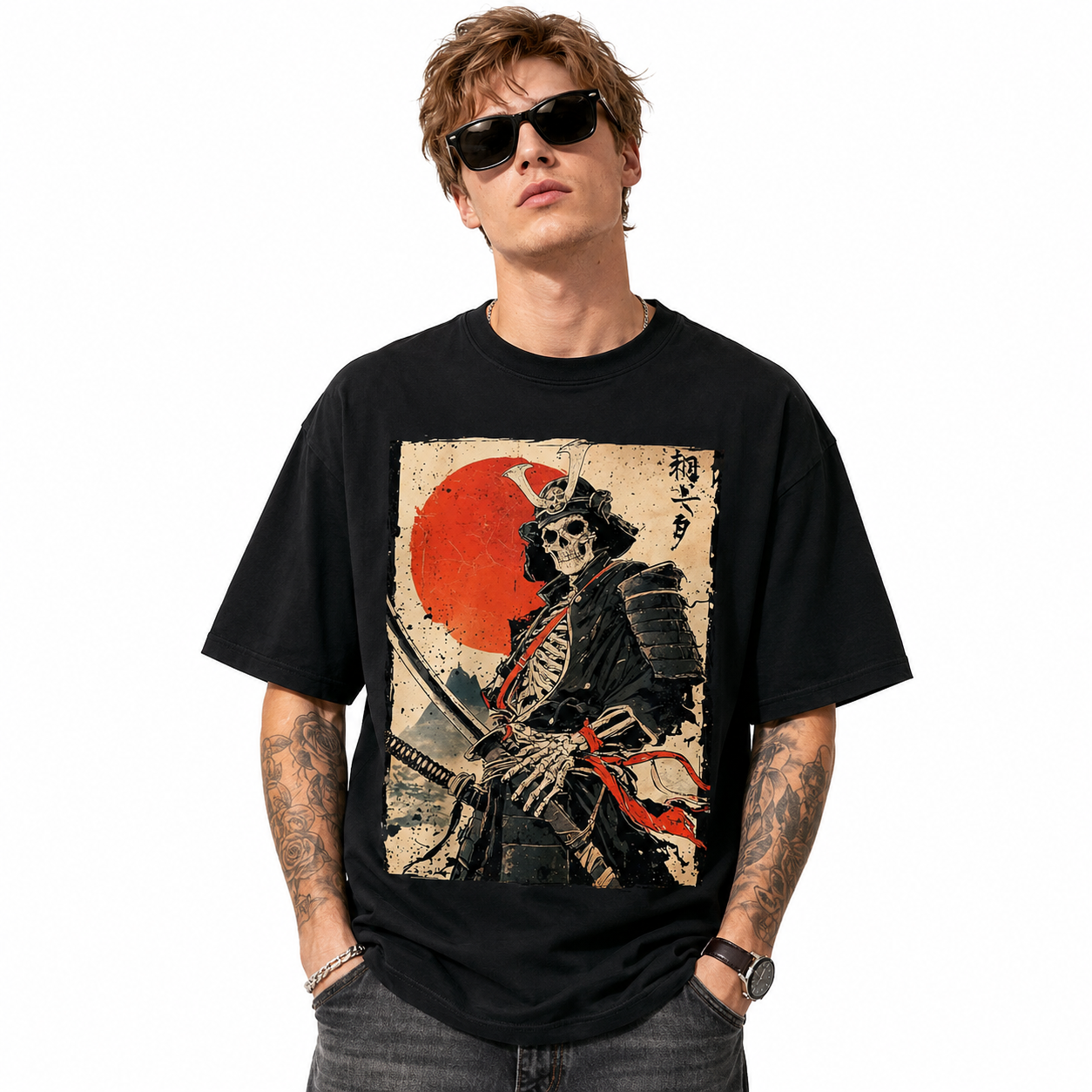 Samurai Skull T Shirt Ukiyo E Japanese Warrior Graphic Streetwear Tee Top