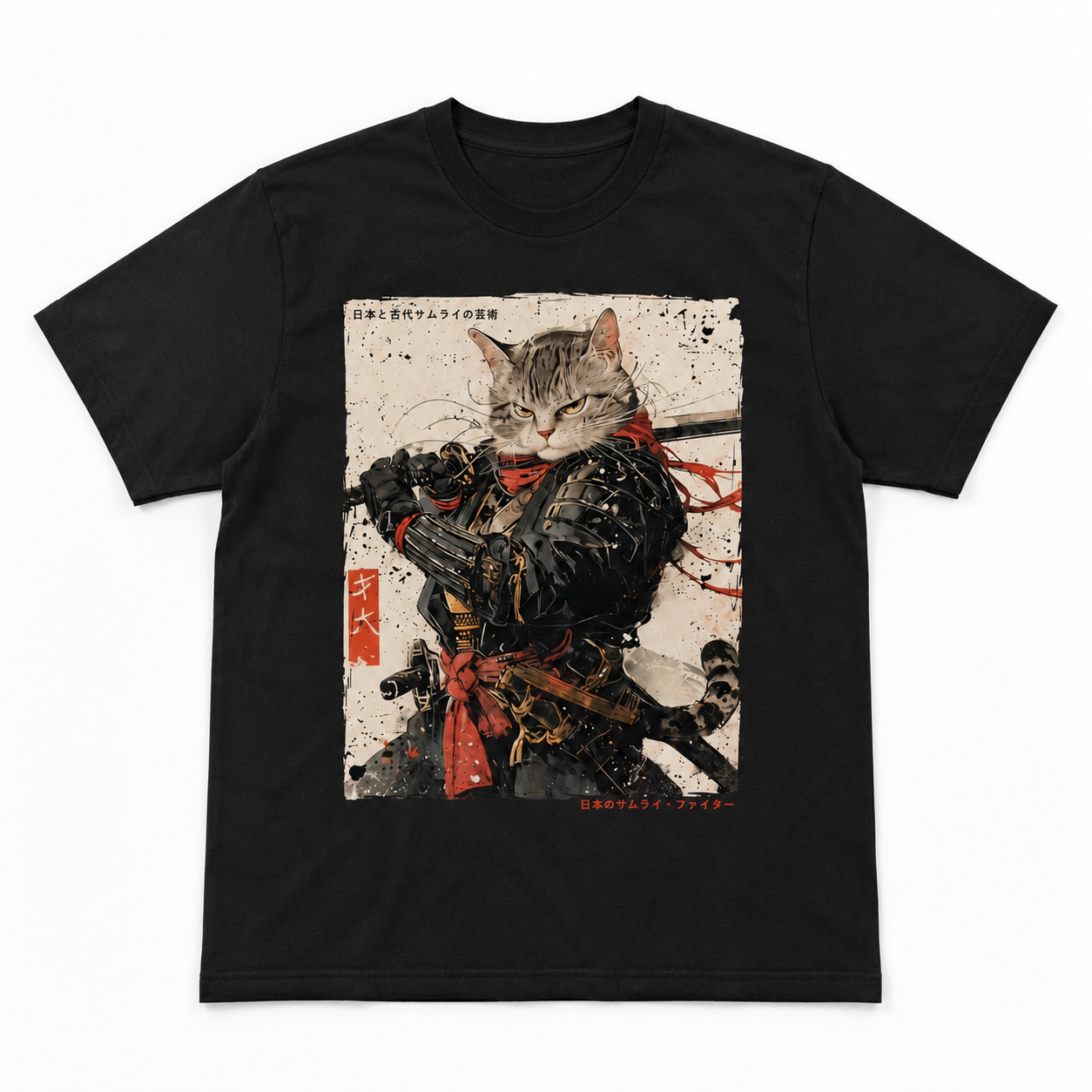 Samurai Cat Warrior Graphic T-Shirt Ukiyo-e Japanese Ink Art Tee