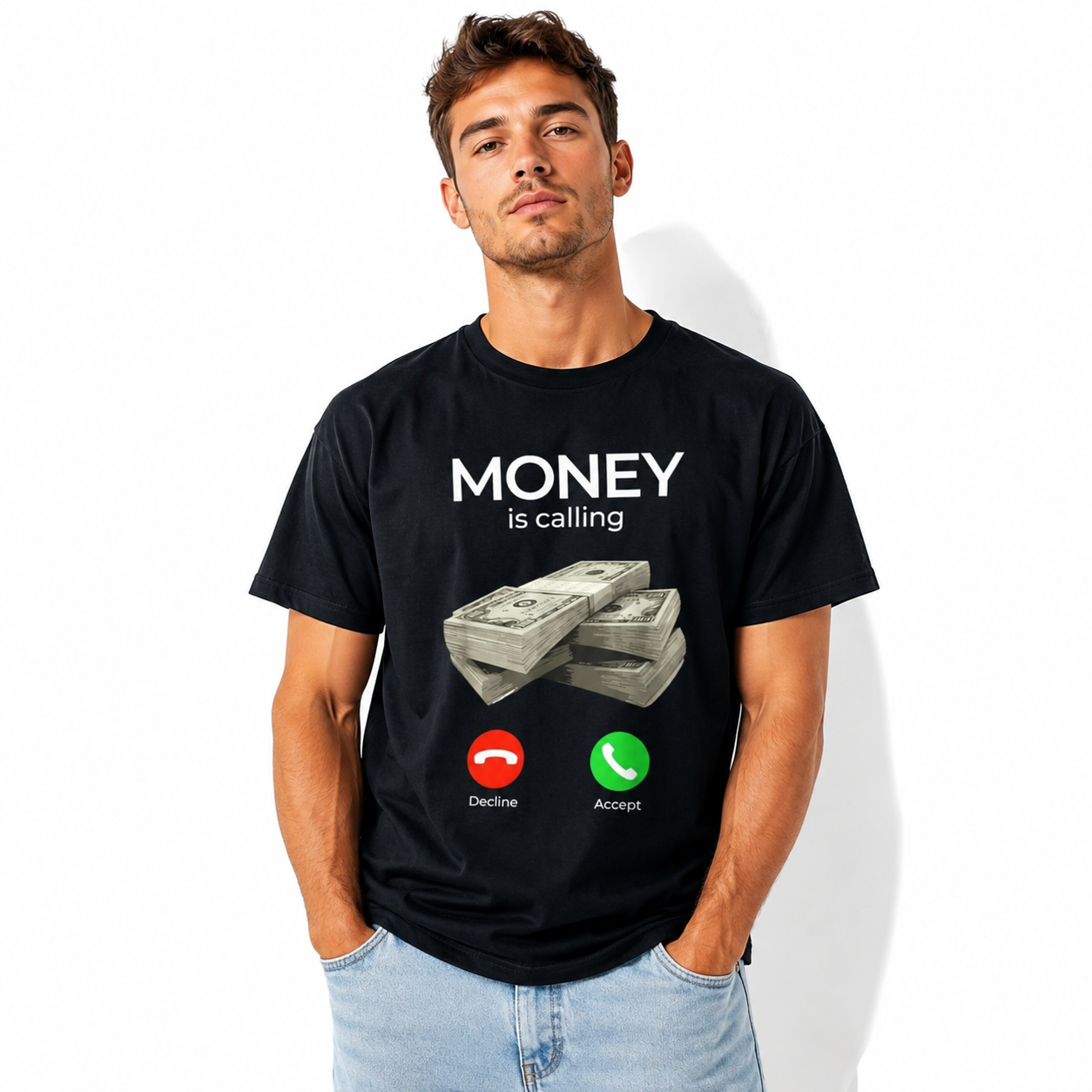 Money In Call Cash Funny Business Graphic Men’s T-Shirt Hustle Humor Tee